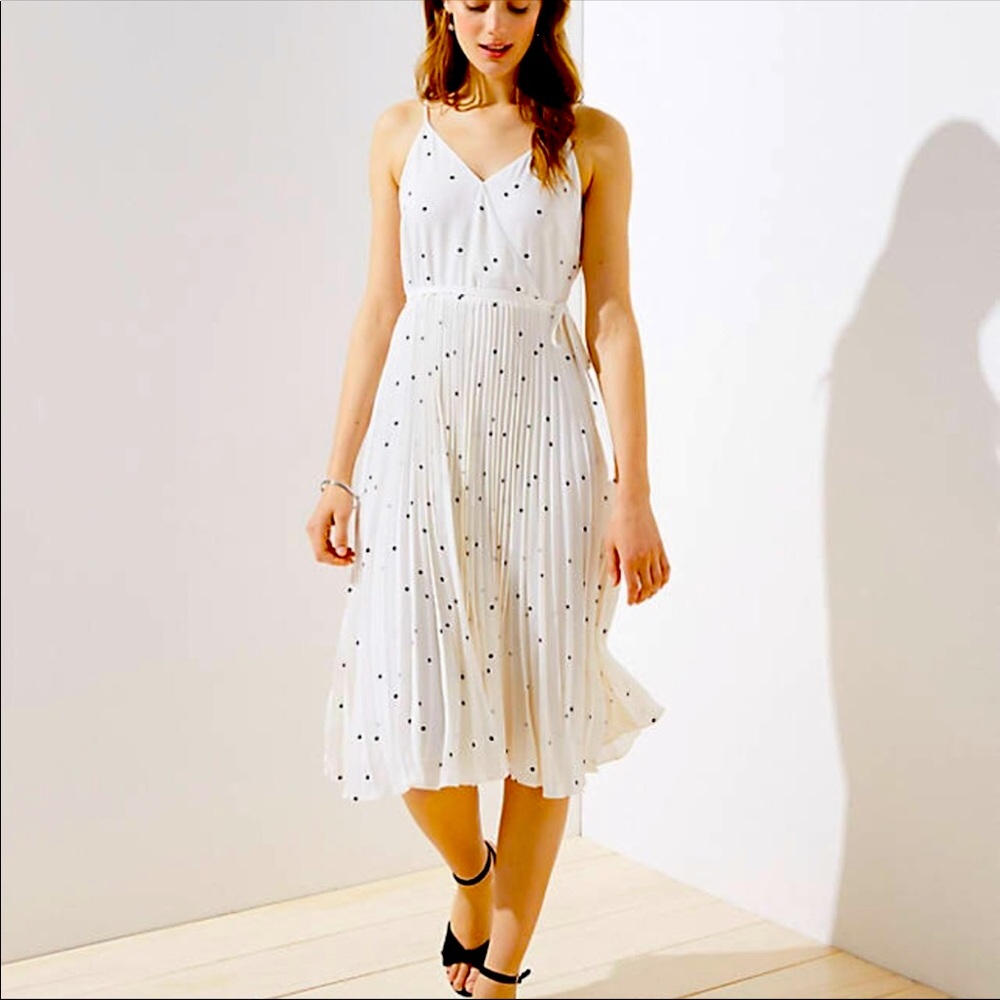 Loft dress - cream with black polka dots, sleeveless, wrap top pleated